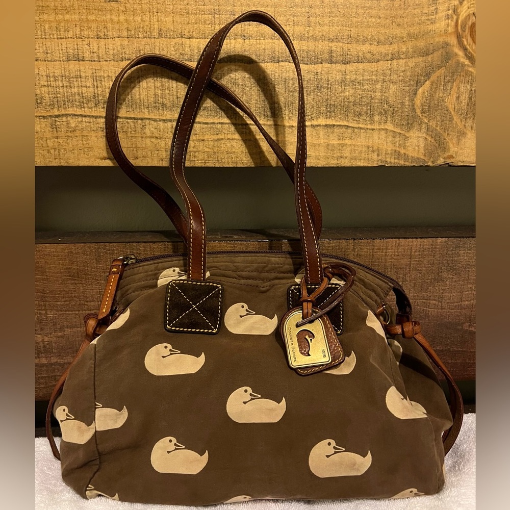 Dooney & Bourke handbag leather and canvas used Duck Print brown cute classic